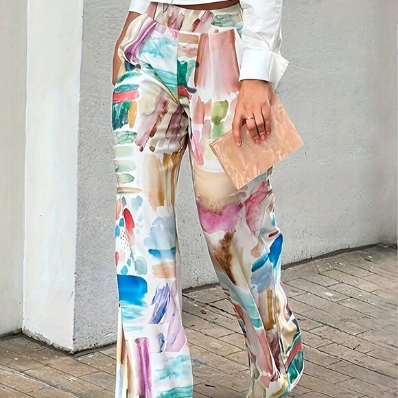 Multicolor Casual Women's All-Over Print Straight-Leg Pants - Picture 1 of 4